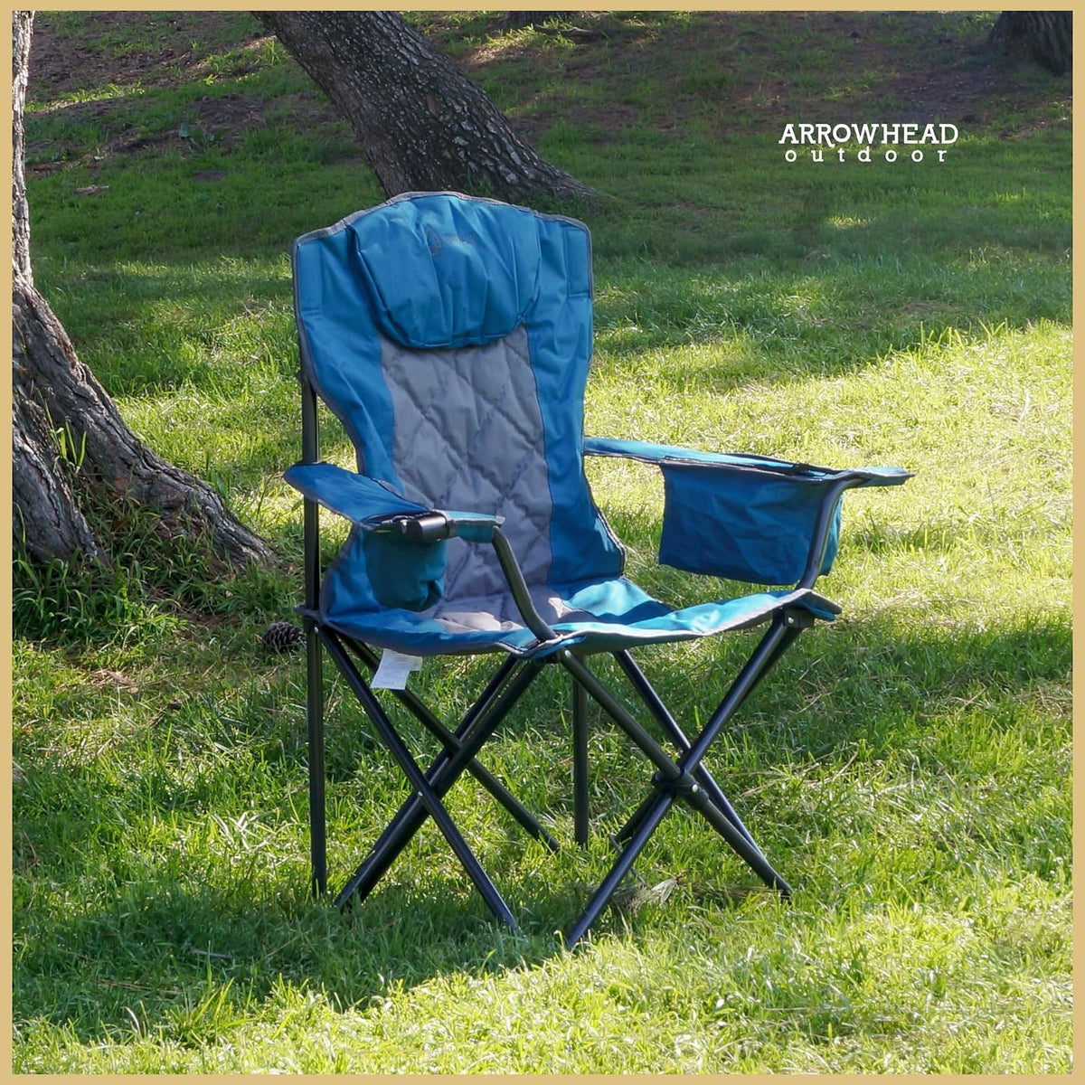 ARROWHEAD Outdoor - Silla plegable portátil para camping con enfriador de 6 latas, portavasos y copas de vino, bolsa de transporte resistente, reposabrazos acolchados, reposacabezas y asiento, soporta