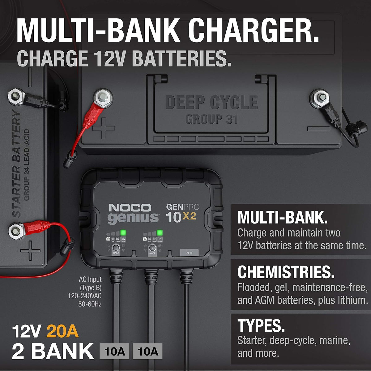 NOCO Genius GENPRO10X2, 2-Bank, 20-Amp (10-Amp per Bank) Fully-Automatic Smart Marine Charger, 12V Onboard Battery Charger, Battery Maintainer and Battery Desulfator with Temperature Compensation