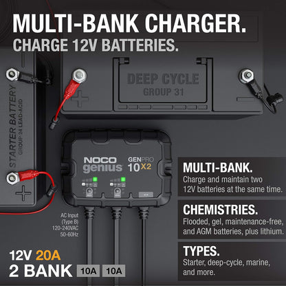 NOCO Genius GENPRO10X2, 2-Bank, 20-Amp (10-Amp per Bank) Fully-Automatic Smart Marine Charger, 12V Onboard Battery Charger, Battery Maintainer and Battery Desulfator with Temperature Compensation
