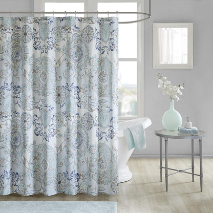 Madison Park Isla Cortina de Ducha de percal 100% algodón con medallón Floral, diseño Bohemio Impreso en Acuarela, Bonita Cortina de baño de 72 x 72 Pulgadas, Color Azul