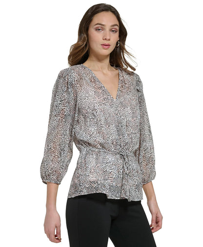 DKNY Blusa favorecedora con Lazo en la Cintura y Mangas de Burbujas Blusas para Mujer