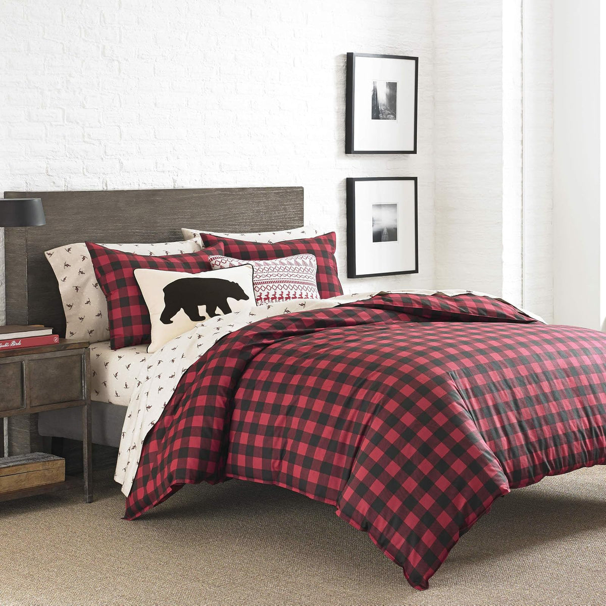 Eddie Bauer - Juego de Funda de edredón Individual, Cama Reversible de algodón, decoración del hogar a Cuadros de búfalo para Todas Las Estaciones (Rojo/Negro, Individual)