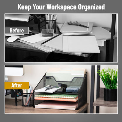 Mind Reader 2MESHBOX5-BLK Mesh Desk Organizer 5 Trays Desktop Document Letter Tray for Folders, Mail, Stationary, Desk Accessories, 2 Pack, Black