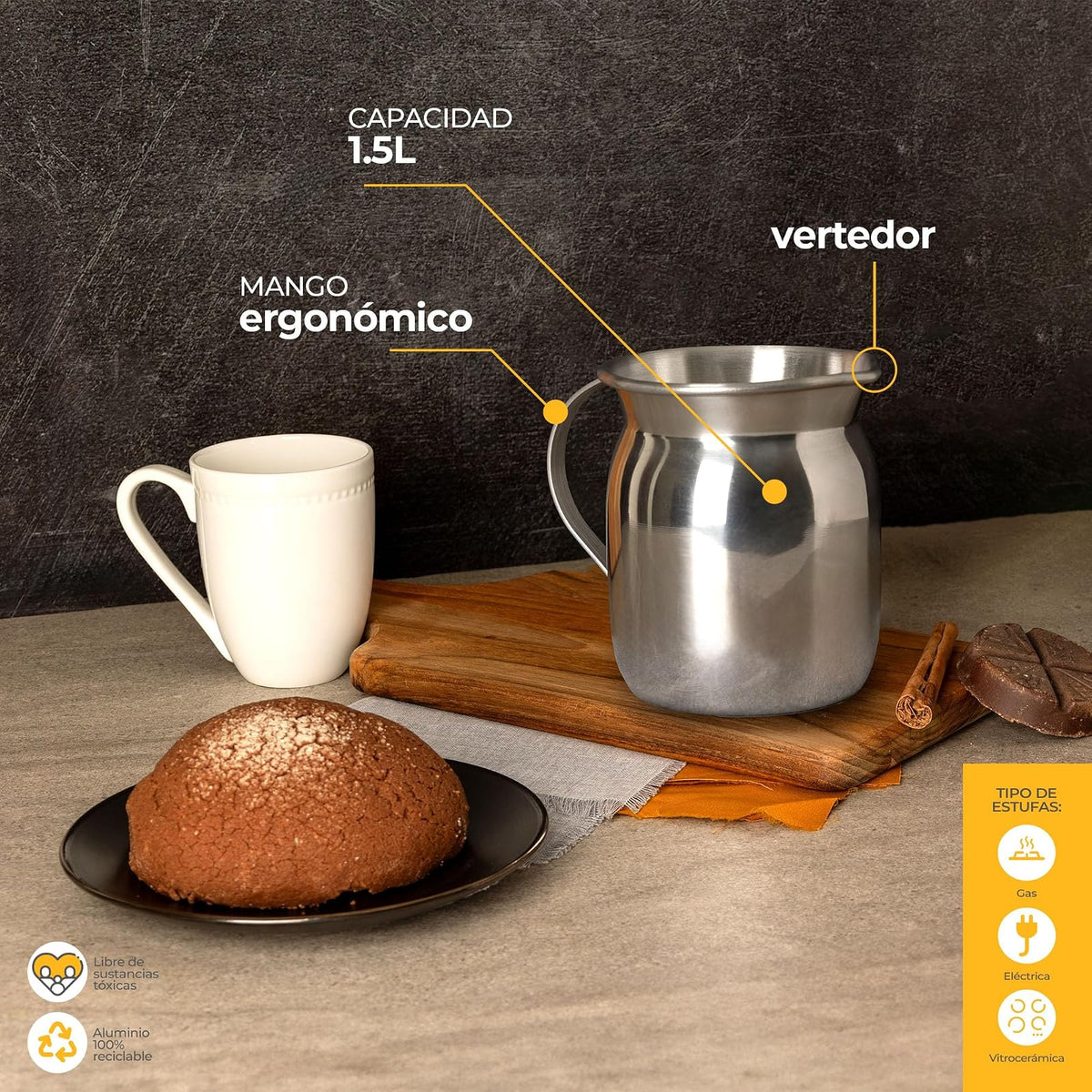 Ekco | Jarra Chocolatera de 1.5 Litros Aluminio Pulido | Cuerpo ligero, Asa remachada, Libre de PFOA, Fácil manejo, Calentamiento uniforme, Agarre ergonómico, Fácil limpieza
