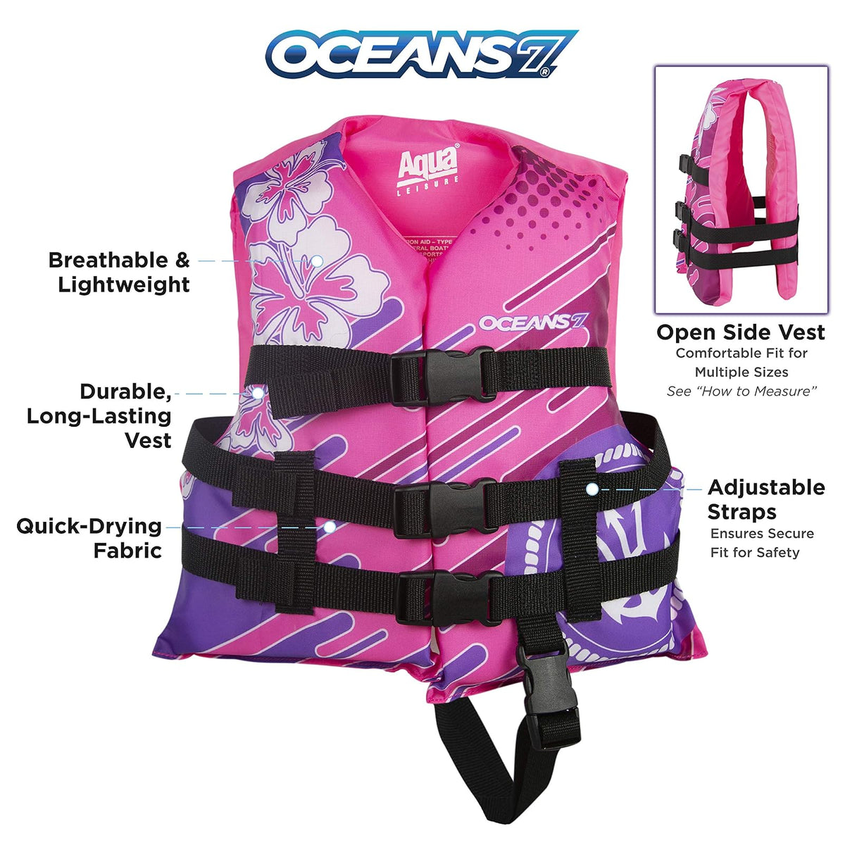 Oceans 7 US Coast Guard-Approved Kids Life Jacket 30-50 lbs, Type III PFD Flexible-Fit Open-Sided Design Personal Flotation Device, Pink/Berry