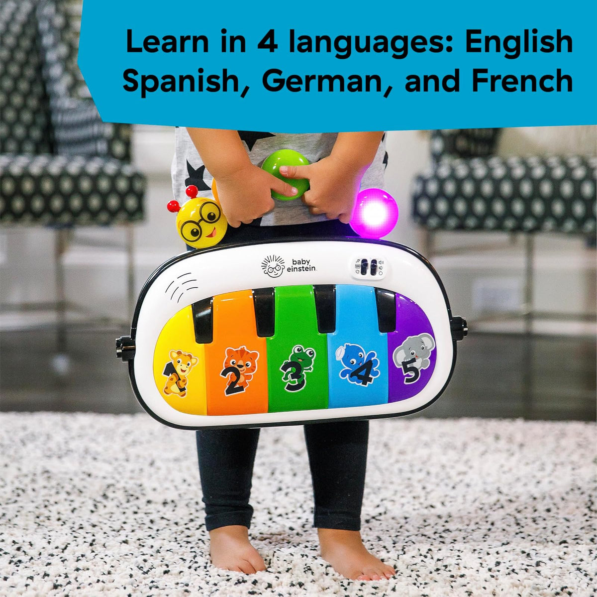 Baby Einstein Kickin’ Tunes - Gimnasio de Actividades 4 en 1 para bebé, con música y Luces, Dos Barras de Juguetes, Piano de Juguete para Aprender español, inglés, francés y alemán (Azul)
