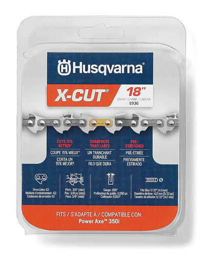 Husqvarna X-Cut S93G Cadena de motosierra de 18 pulgadas, paso de 0.3/8 pulgadas, calibre 0.50 pulgadas, 62 eslabones de transmisión, reemplazo de cadena de motosierra 350i