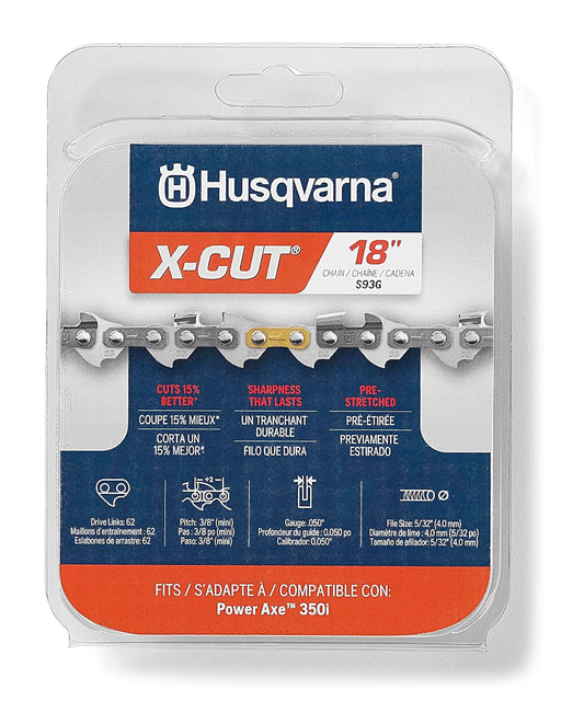 Husqvarna X-Cut S93G Cadena de motosierra de 18 pulgadas, paso de 0.3/8 pulgadas, calibre 0.50 pulgadas, 62 eslabones de transmisión, reemplazo de cadena de motosierra 350i