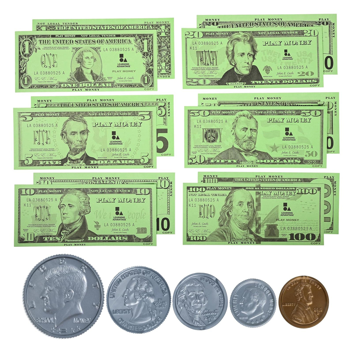 LEARNING ADVANTAGE Juego de Dinero | Billetes y Monedas | 100 Billetes y 94 Monedas | Manipulativos de matemáticas tempranas para niños | Dinero fingido diseñado como Moneda Real
