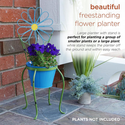 Alpine Corporation 24" Tall Blue Daisy Flower Planter with Stand Decoration Yard