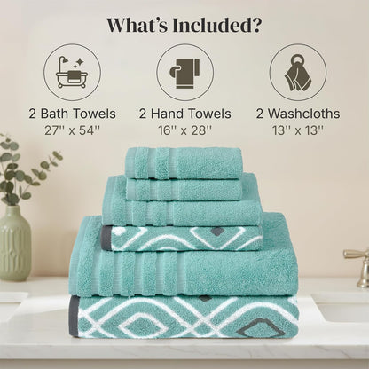 Modern Threads - Juego de 6 Toallas teñidas de Hilo Oxford Aqua - Toallas de baño, Toallas de Mano y paños de baño, súper absorbentes y de Secado rápido, 100% algodón Peinado