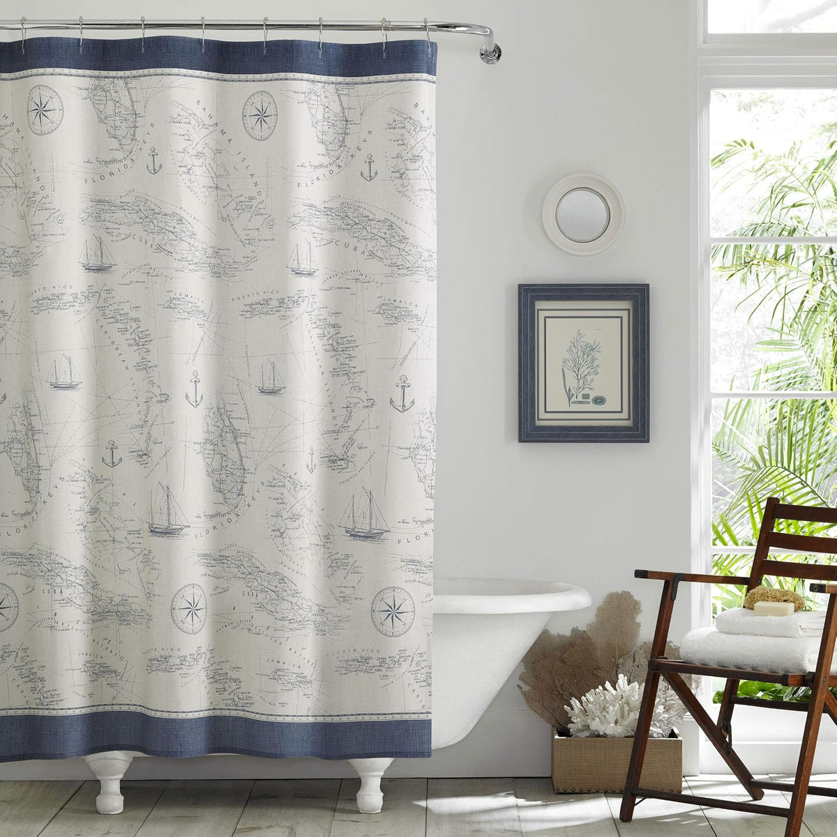 Tommy Bahama - Cortina de Ducha de Tela, Elegante decoración de baño a Rayas, con Agujeros en la Parte Superior (La Scala Breeze Green, 72 x 72 Pulgadas) - Lt-azul pastel - 72" x 72"