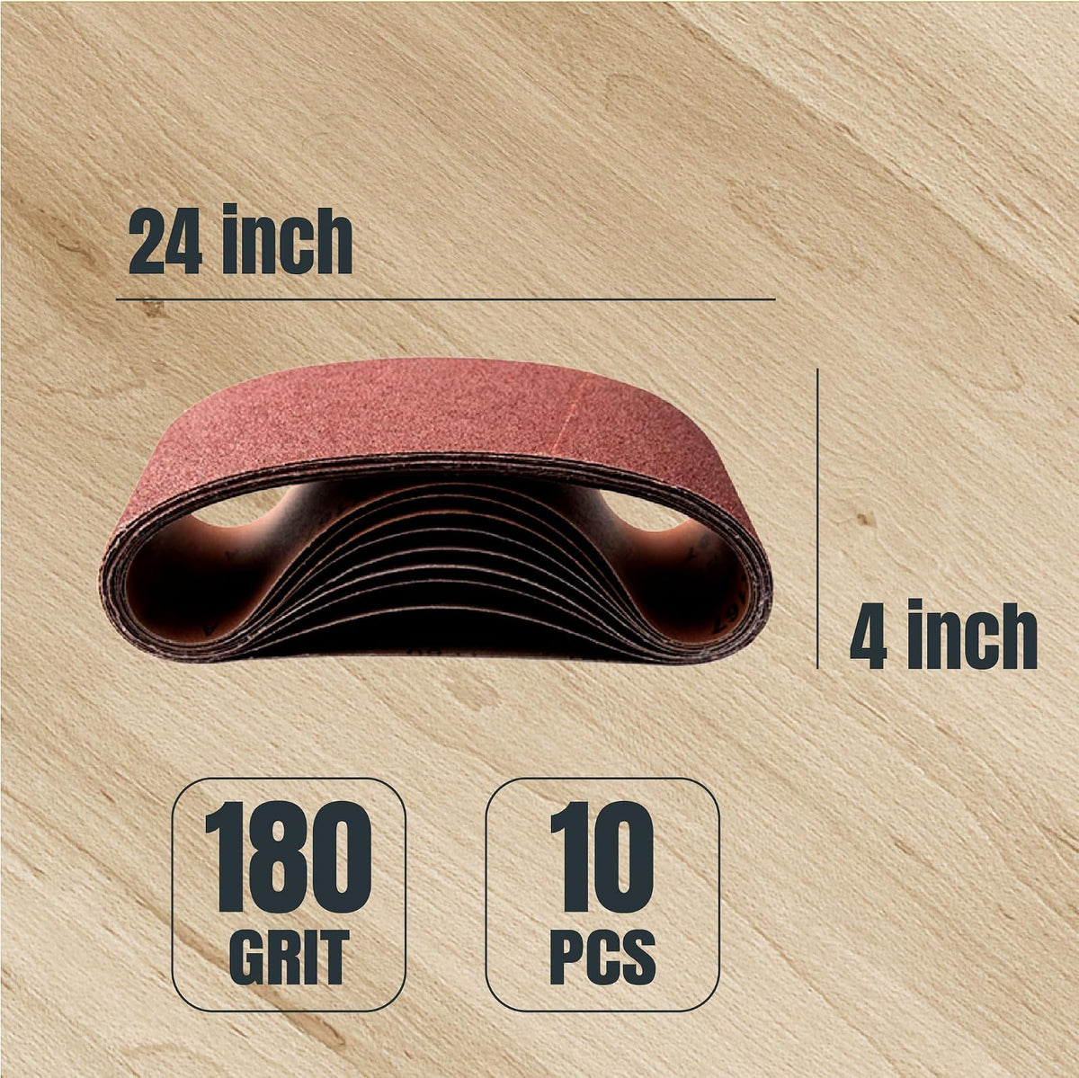 POWERTEC 110030 - Correas de lijado de 4 x 24 pulgadas, 10 unidades, correa de lijado de óxido de aluminio de grano 180, papel de lija para correa oscilante y lijadora de husillo