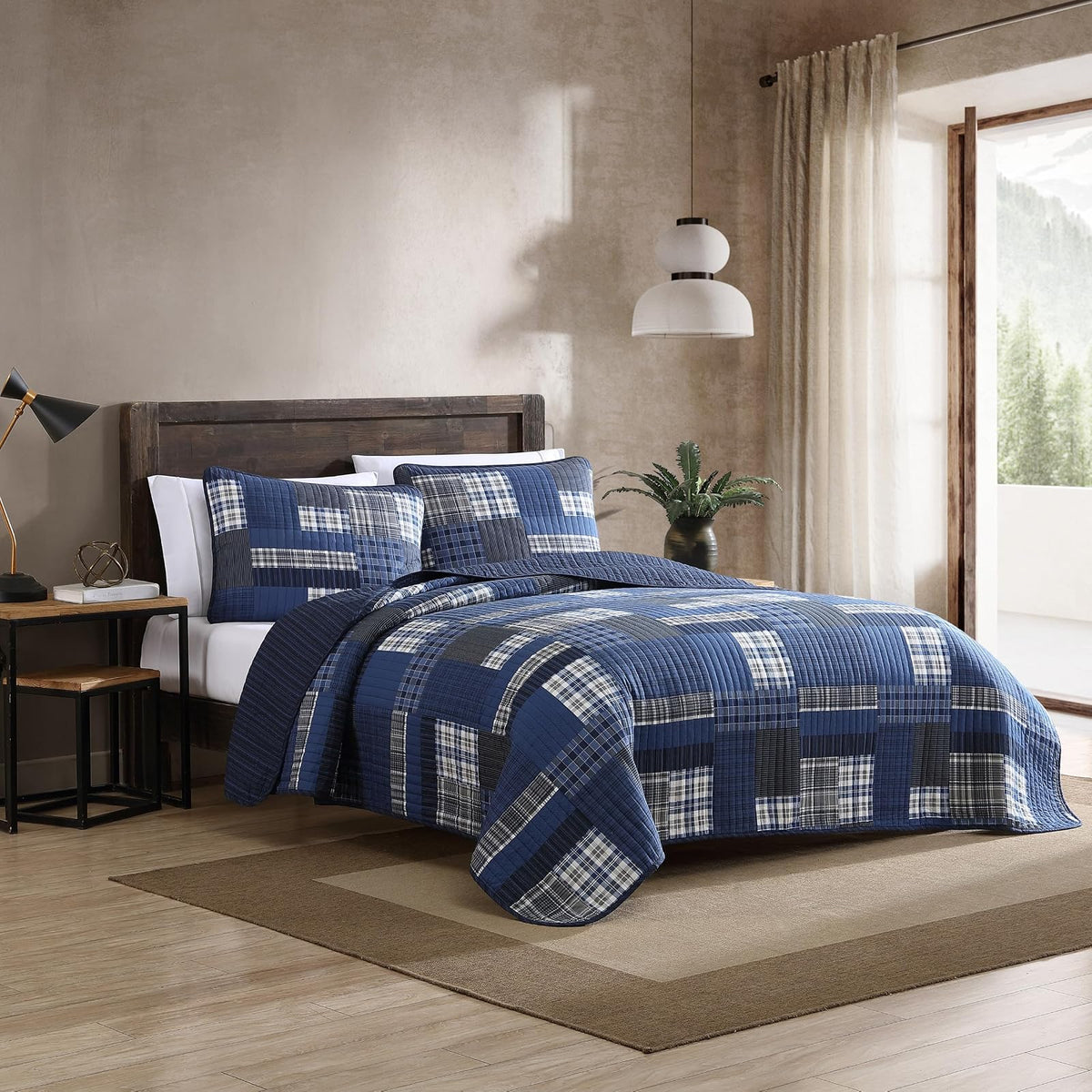 Eddie Bauer Eastmont 3 Piece Cotton Reversible Quilt Set, Twin, Blue