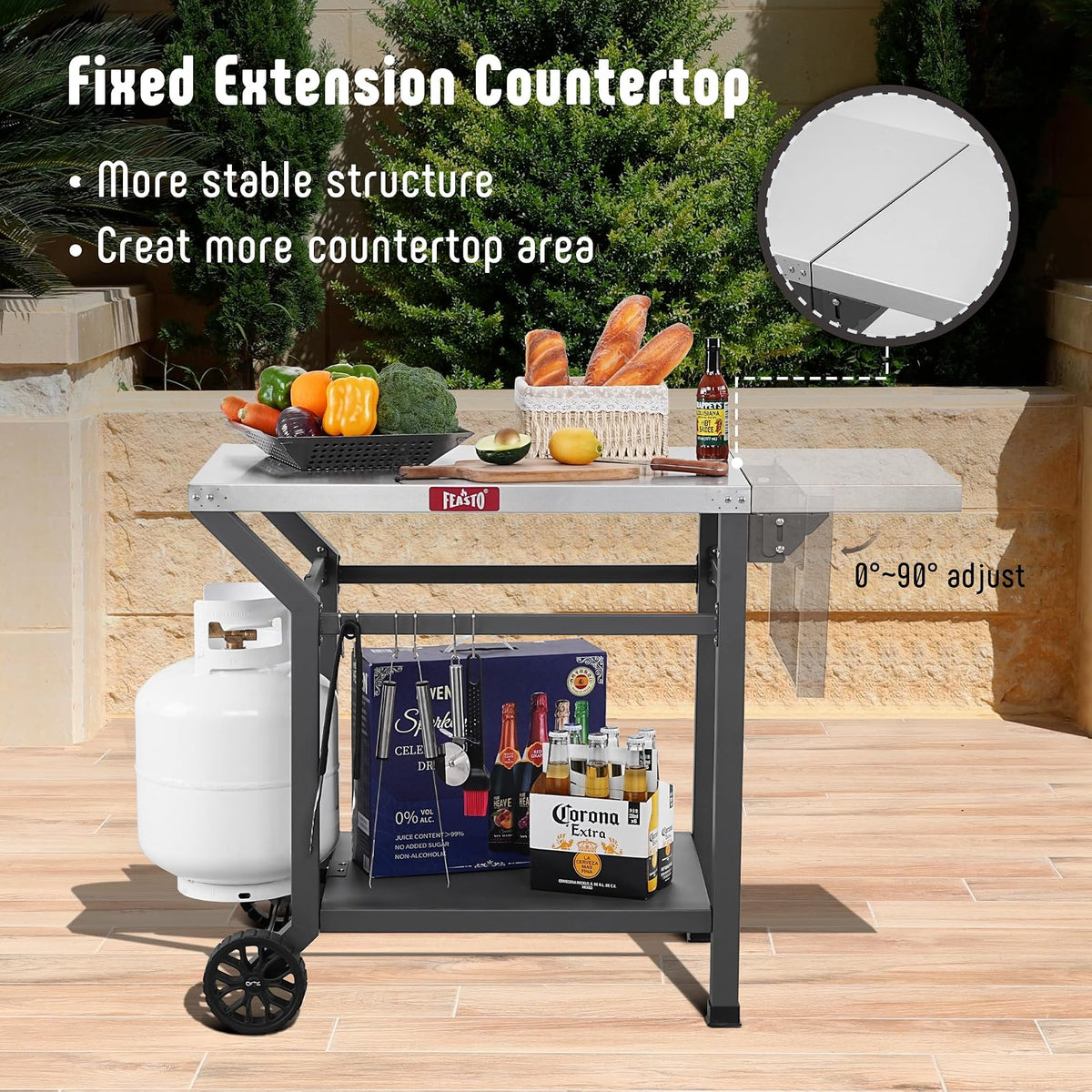Feasto Mesa de Parrilla para Exteriores, Mesa de Horno de Pizza móvil de 40 x 20 Pulgadas con Ruedas, Carrito de Parrilla de Acero Inoxidable con Estante de Almacenamiento y extensión Plegable, 6