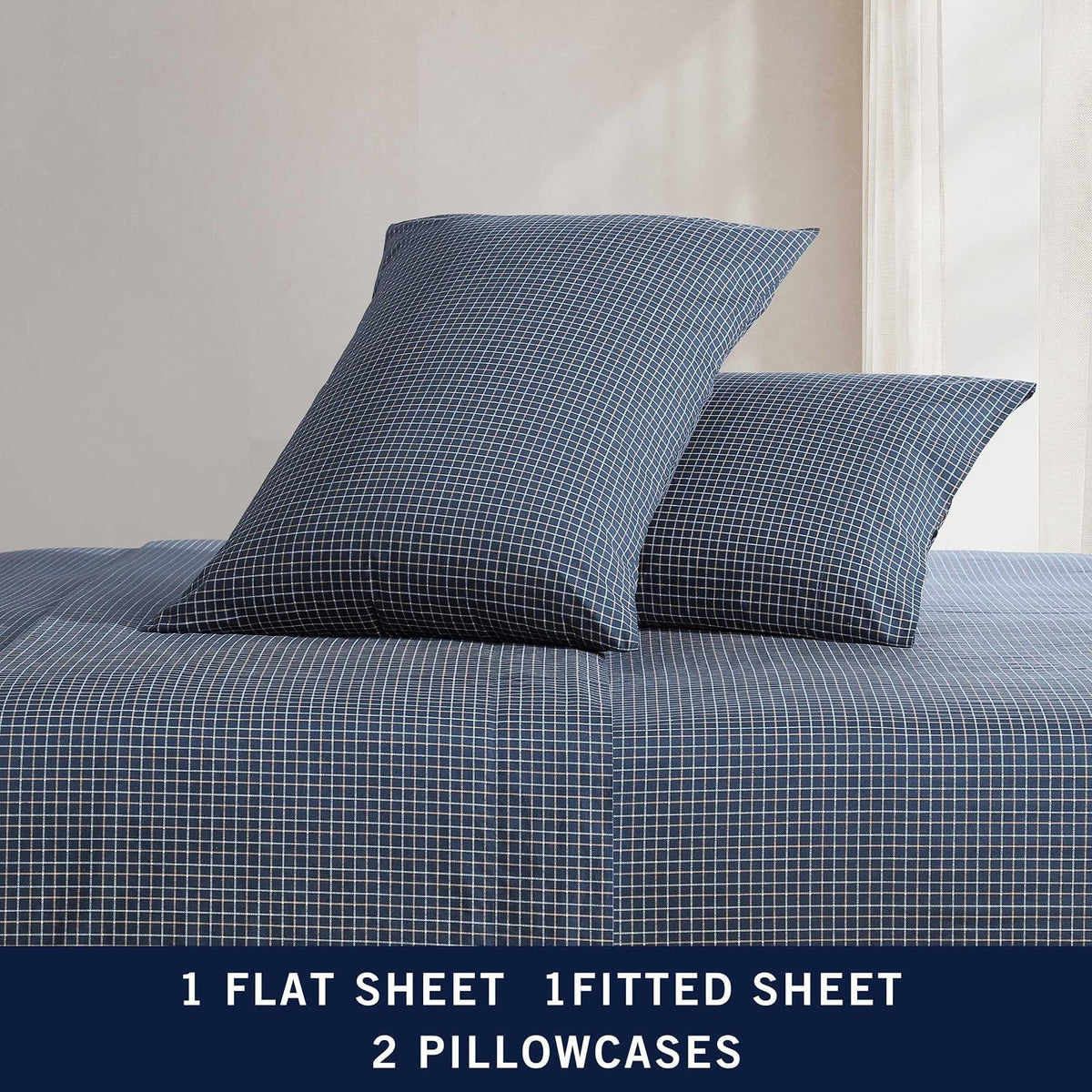 Nautica - Juego de sábanas matrimoniales, algodón de Alta Calidad, decoración del hogar a Cuadros, Certificado Oeko-Tex (Reece Plaid Navy, Full)