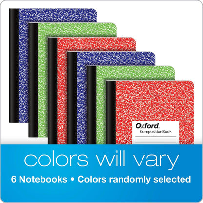 Oxford Composition - Cuaderno de 6 unidades, papel rayado universitario, 9-3/4 x 7-1/2 pulgadas, 100 hojas, cubiertas de mármol surtidas. 2 cada uno: azul, verde, rojo (63763)