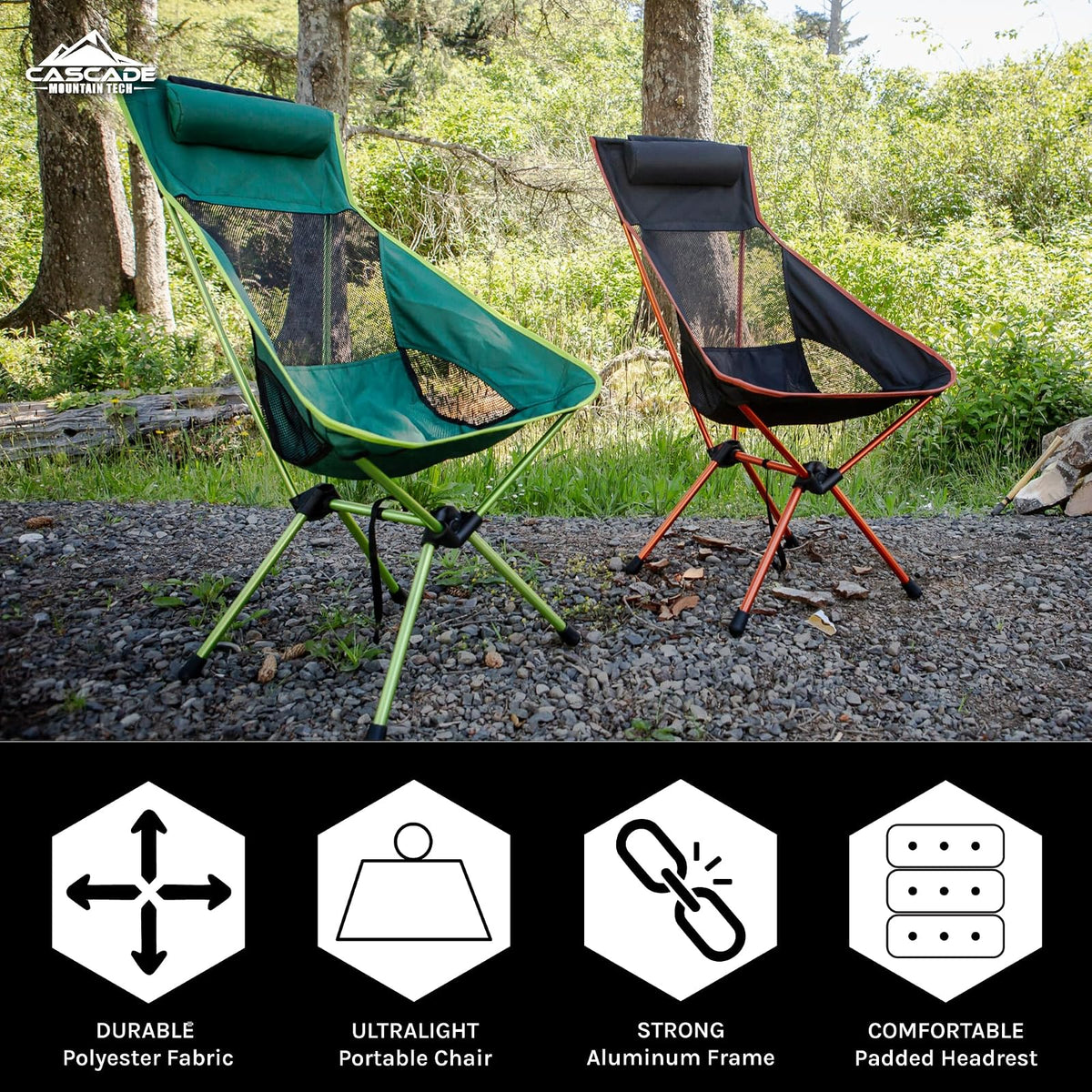 Cascade Mountain Tech - Silla de Campamento – Respaldo Alto Ultraligero para mochileros, Camping, Eventos Deportivos, Playa y picnics con Bolsa de Transporte