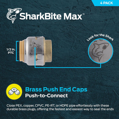 SharkBite Max - Tapa de empuje de 1/2 pulgadas, paquete de 4, ajuste de fontanería de latón a presión para conectar, tubería PEX, cobre, CPVC, PE-RT, HDPE, UR514A4