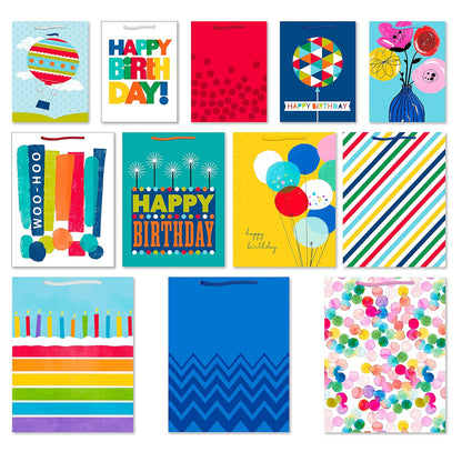 Hallmark Bolsas de regalo en varios tamaños (paquete de 12 a 5 medianas, 8 pulgadas, 4 grandes 11 pulgadas, 3 extra grandes 14 pulgadas) para cumpleaños, día de la madre, graduaciones, baby showers