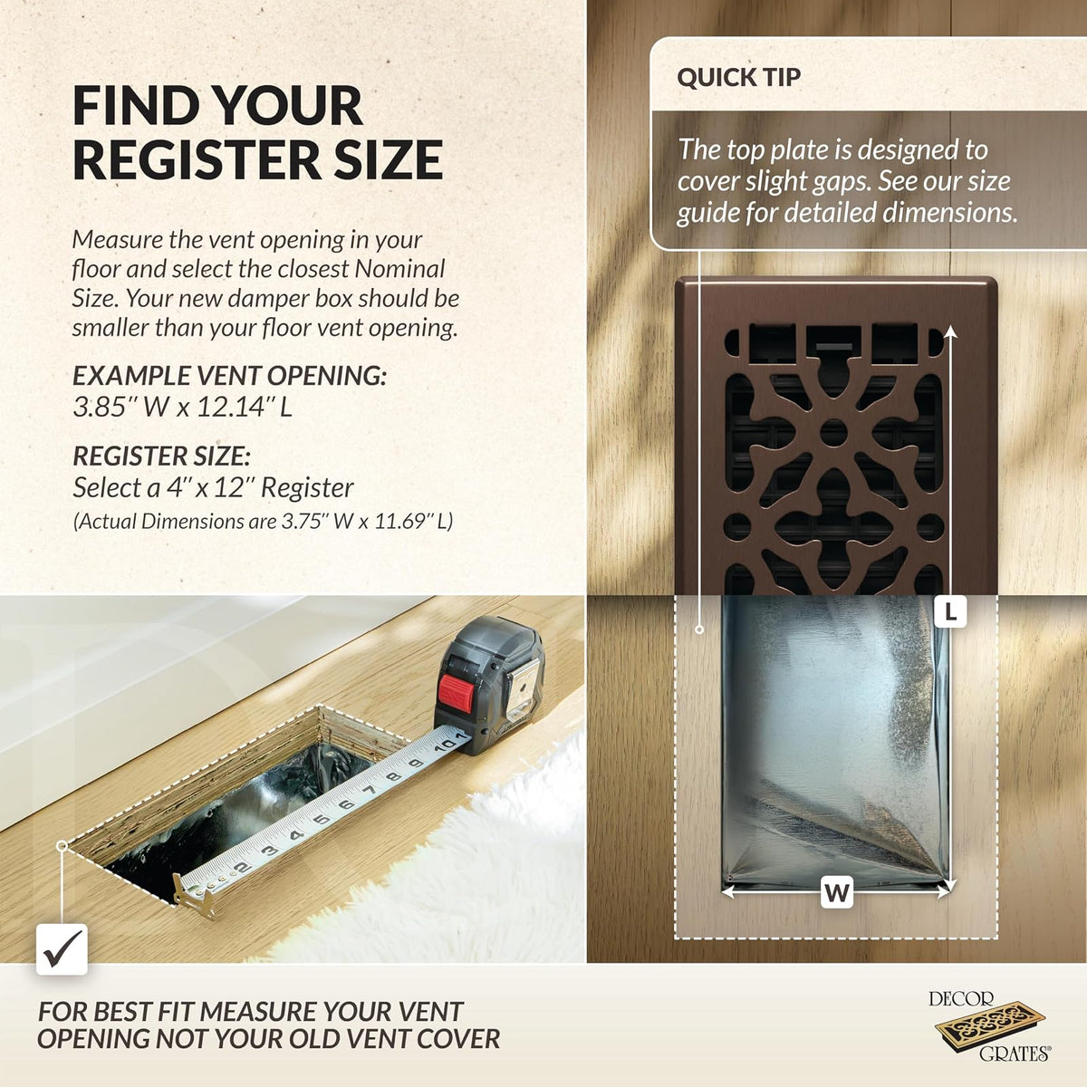 Decor Grates AGH412-RB - Registro de suelo de acero de bronce gótico de 4 x 12 pulgadas