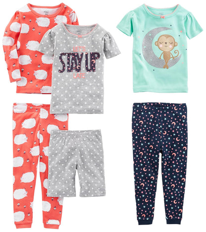 Simple Joys by Carter's Pijama 6 Piezas Ajuste Cómodo Niña - 12 Meses - Sheep - Dots - Monkey