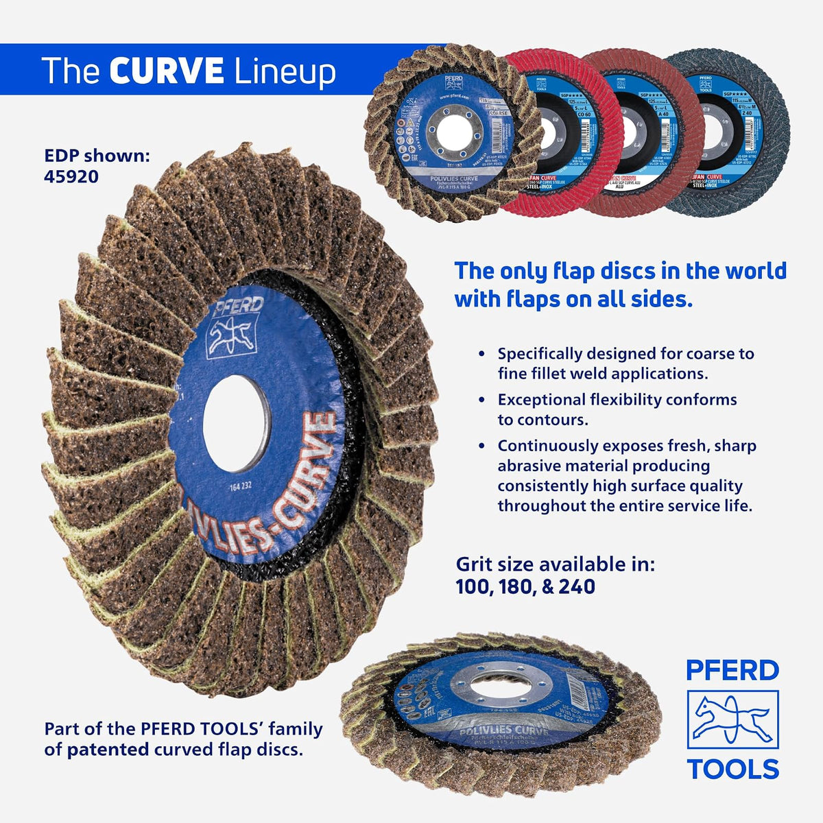 PFERD POLIFAN® - Disco de aleta de tipo radial curva, 4-1/2 x 7/8 pulgadas, circonita de grano 40, accesorio de soldadura y accesorio de amoladora angular - para molienda de acero y acero inoxidable