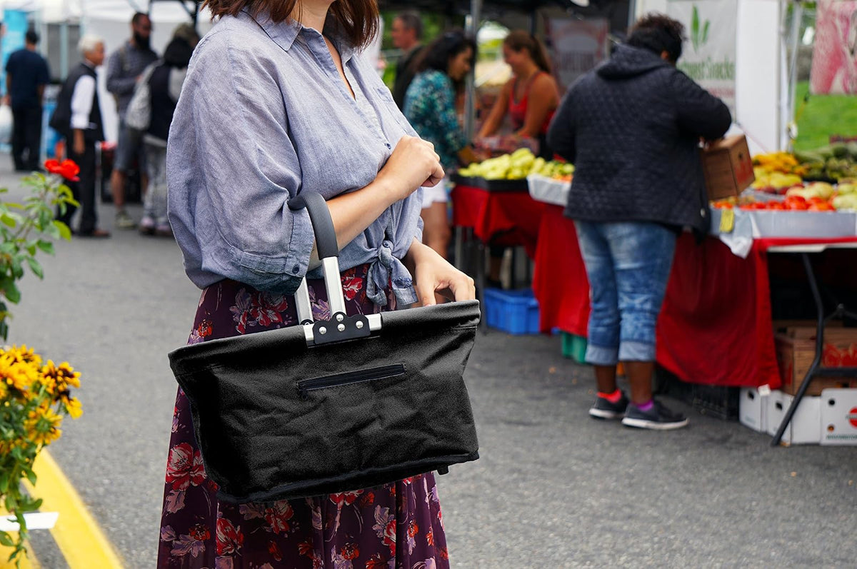 RSVP International - Cesta plegable para el mercado, color negro | marco de aluminio | tela de poliéster | compartimento grande con cierre, almacenamiento que ahorra espacio, tamaño único
