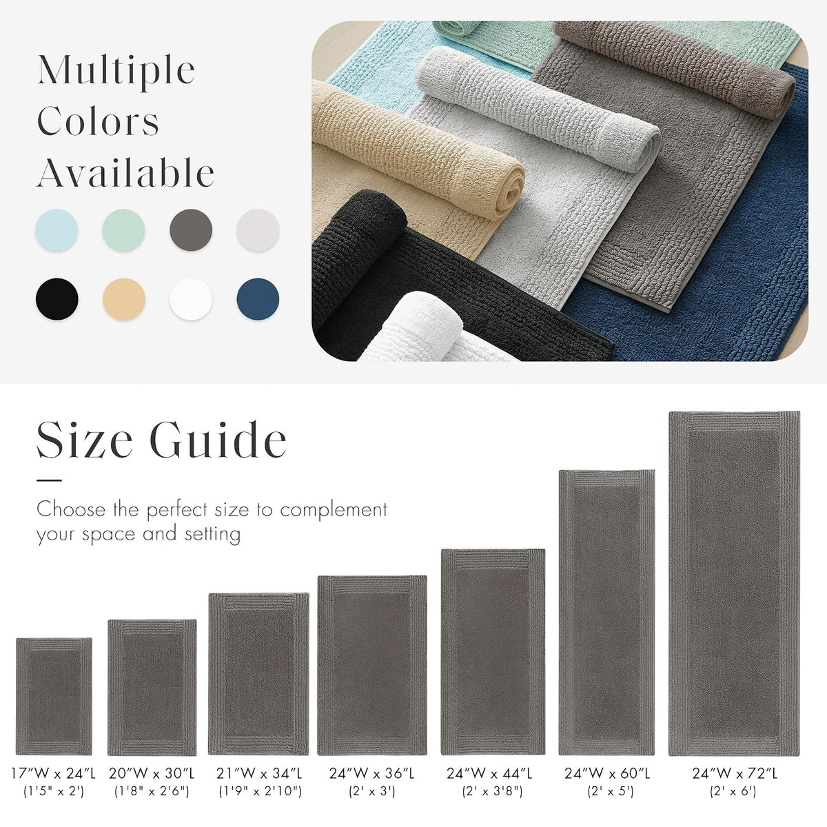 Madison Park Splendor Alfombra de baño reversible 100% algodón, 3000 g/m², lujosa alfombra de baño de felpa de pelo medio, absorbente, de secado rápido, decoración de cuarto de ducha, 24 x 44 pulgadas
