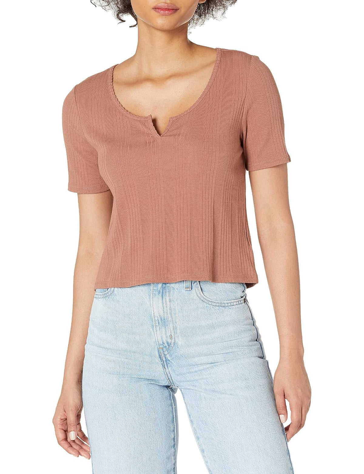 Lucky Brand Camiseta Acanalada de Manga Corta con Cuello de Muesca Camisa para Mujer