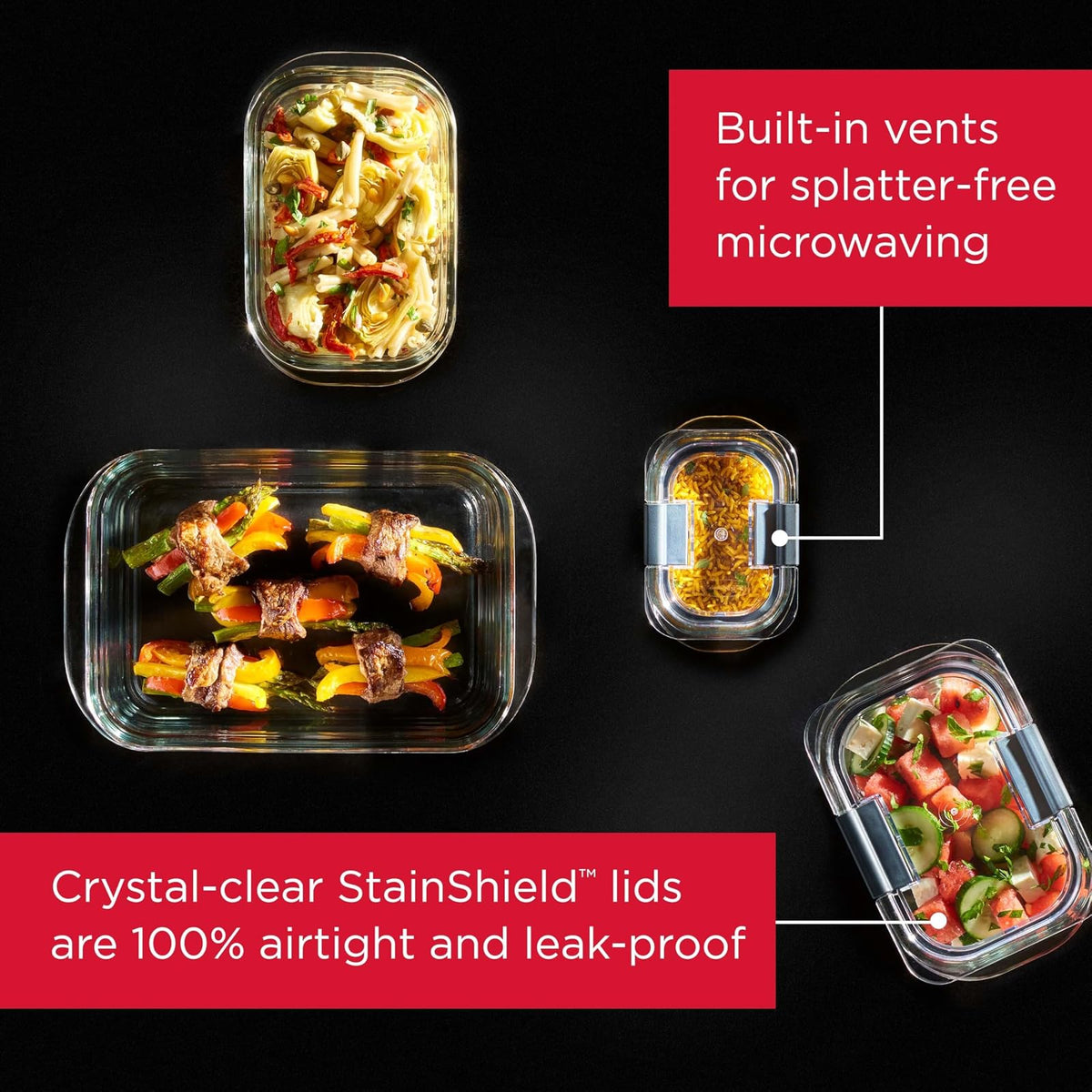 Rubbermaid Recipientes de Vidrio para Almacenamiento de Alimentos, Varios tamaños, Juego de 9, sin BPA, a Prueba de Fugas, Transparente