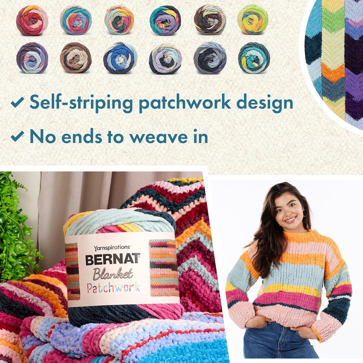 Bernat - Toalla de playa con diseño de patchwork, paquete de 2 unidades de 300 g, 100% poliéster, #6, súper voluminosa, 220 yardas, tela/ganchillo