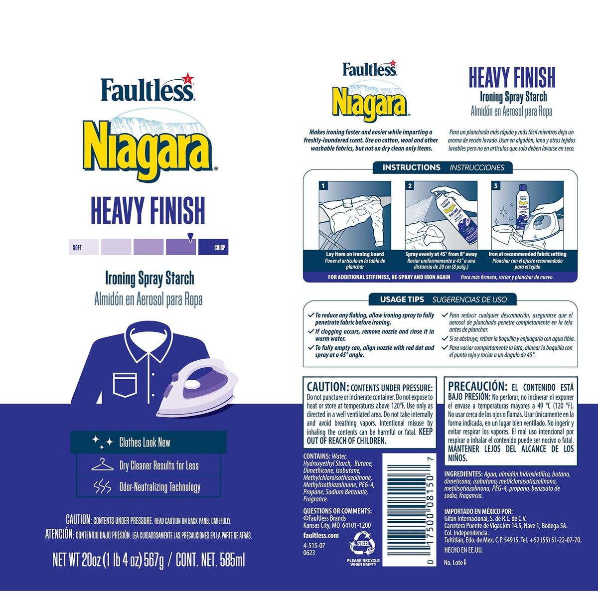 Almidón en Aerosol Niagara Heavy Finish para Ropa | Quita Arrugas Extra Crujiente y Ayuda al Planchado, Fijaci?n Fuerte, No Se Descascara ni Obstruye, Latas de 20 Oz (Paquete