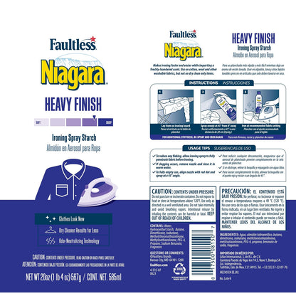 Almidón en Aerosol Niagara Heavy Finish para Ropa | Quita Arrugas Extra Crujiente y Ayuda al Planchado, Fijaci?n Fuerte, No Se Descascara ni Obstruye, Latas de 20 Oz (Paquete