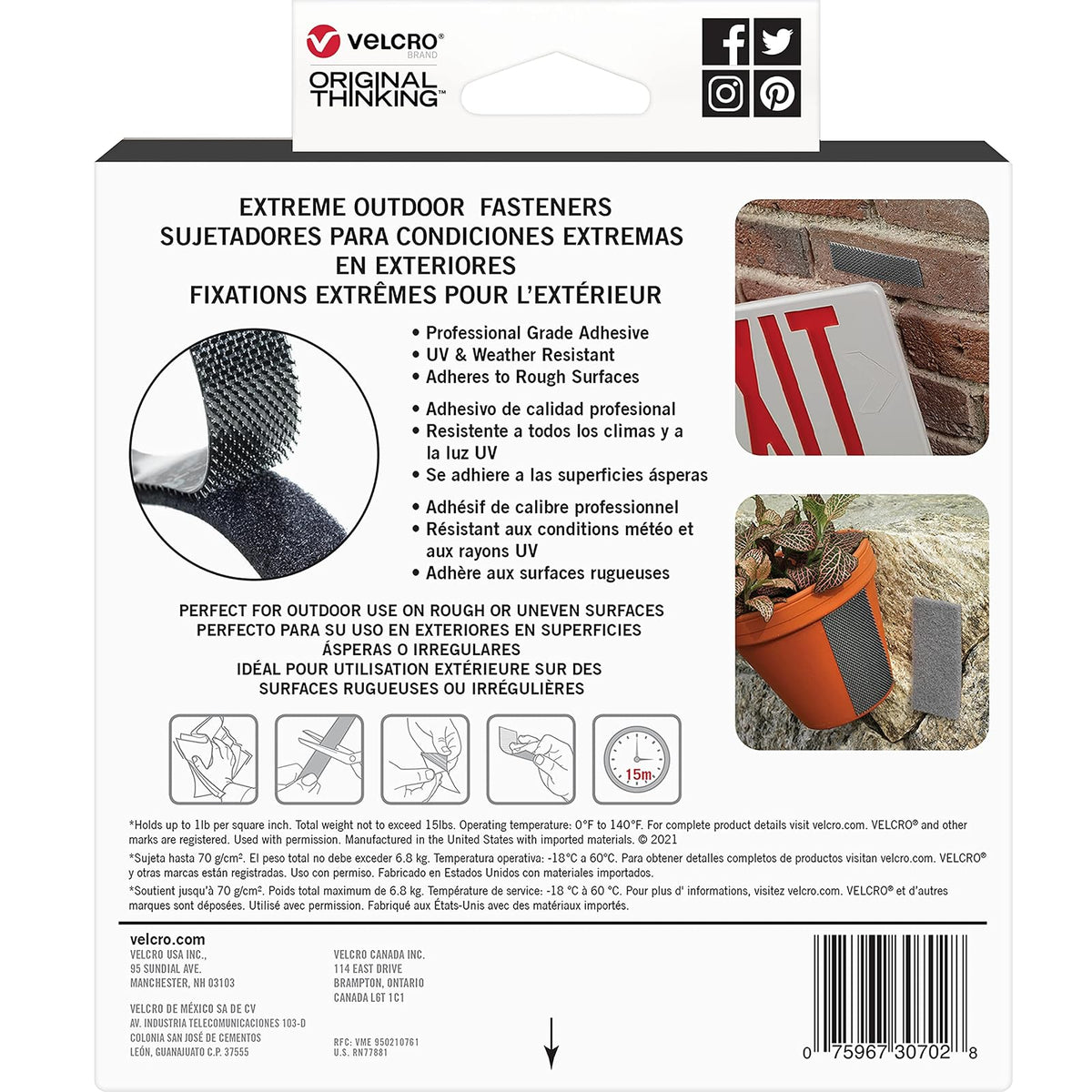 Cinta de montaje Extreme de la marca VELCRO | 20 pies x 1 pulgada, soporta 15 libras | calcomanía fuerte resistente | Montaje en ladrillo, hormigón para colgar, 30702