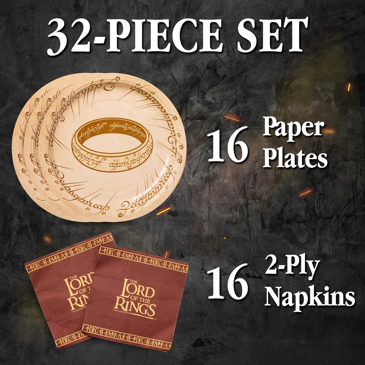 Silver Buffalo The Lord of the Rings Elvish Script - Paquete de 32 platos y servilletas de papel desechables