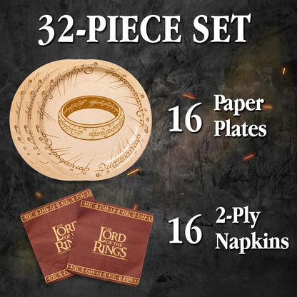 Silver Buffalo The Lord of the Rings Elvish Script - Paquete de 32 platos y servilletas de papel desechables