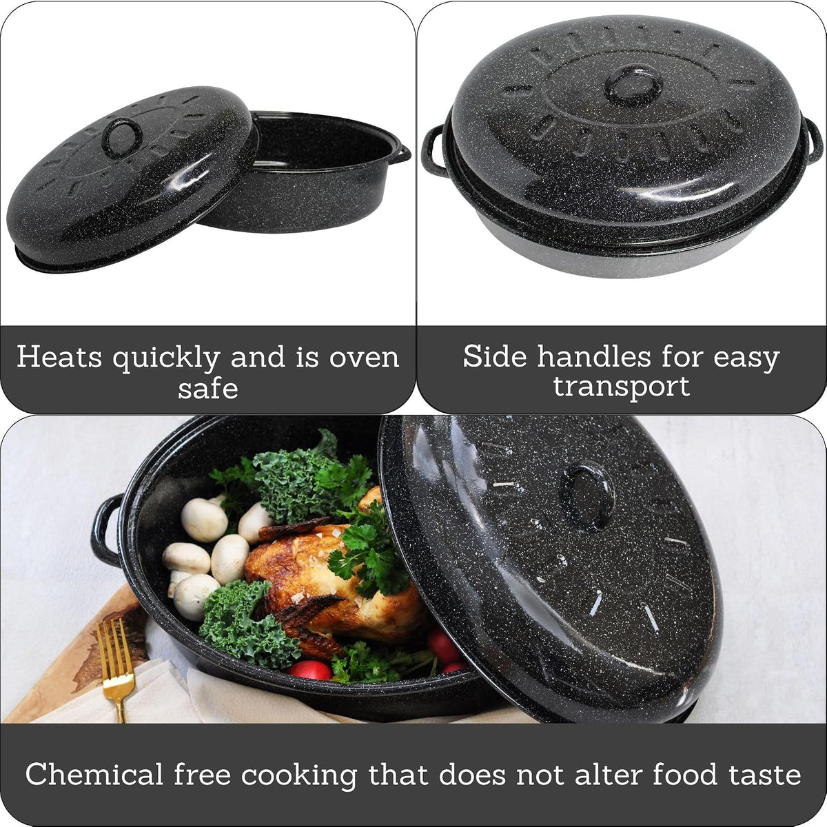 MIRRO - Asador ovalado esmaltado de 15 pulgadas con tapa, color negro