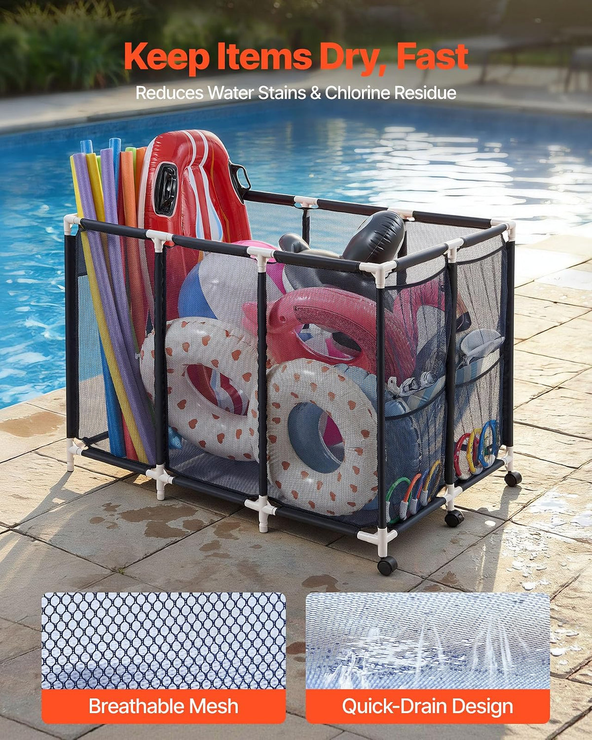 VEVOR Contenedor de Almacenamiento de Piscina 120 x 77 x 86,5 cm, Caja de Almacenamiento para Flotadores con Ruedas, Marco de Plástico Resistente, Cesta de Malla para Juguetes, Inflables, Pelotas