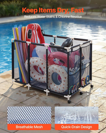 VEVOR Contenedor de Almacenamiento de Piscina 120 x 77 x 86,5 cm, Caja de Almacenamiento para Flotadores con Ruedas, Marco de Plástico Resistente, Cesta de Malla para Juguetes, Inflables, Pelotas