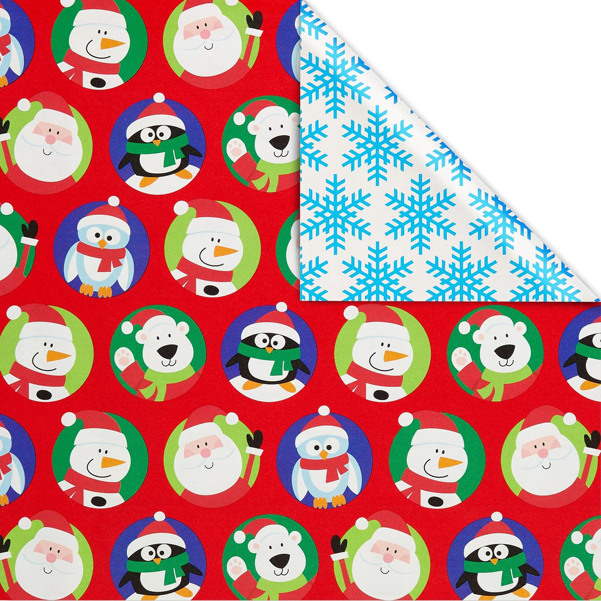 American Greetings Jumbo - Rollo de papel de regalo reversible de Navidad para niños, color rojo y azul (175 m². Pies, 1 rollo extragrande de 30 pulgadas. Pingüinos, osos polares, Papá Noel, copos de