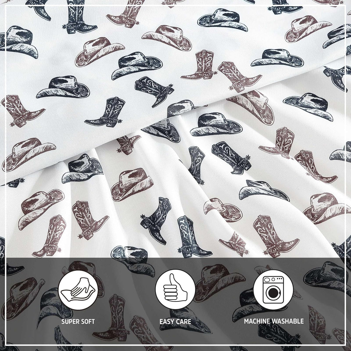Wrangler - Sábanas de Cama matrimonial, Transpirable y Resistente a Las Arrugas, Incluye Funda y Fundas de Almohada a Juego, Esenciales para recámara (Botas y Sombreros Negros)