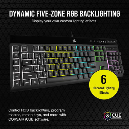 Corsair K55 RGB Pro Teclado para Juegos con Cable de Membrana – IP42 Resistente al Polvo y derrames – 6 Teclas Macro con integración Elgato – Compatible con iCUE – QWERTY NA – PC, Mac y Xbox – Negro
