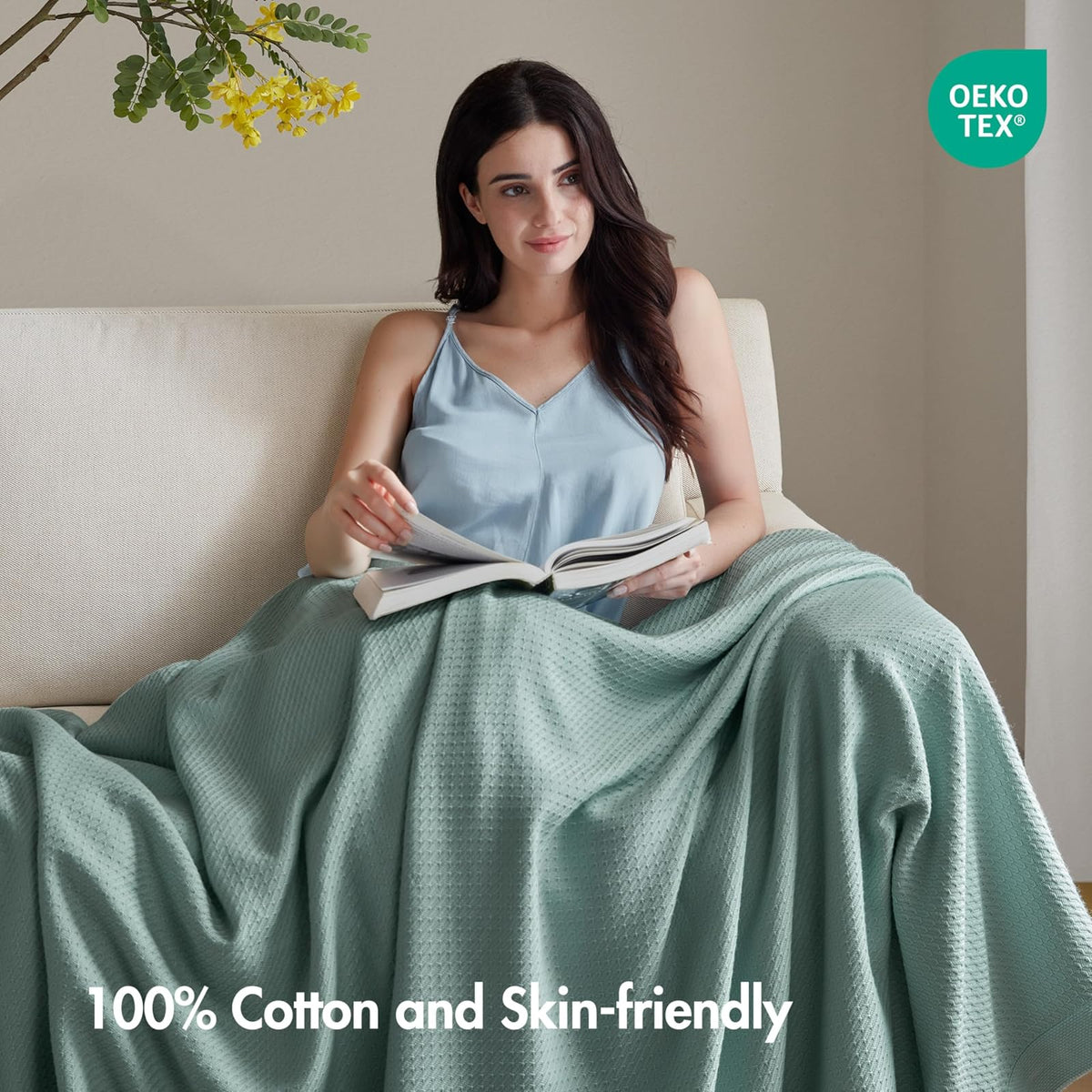 Madison Park - Manta Suave certificada 100% algodón Egipcio Transpirable y acogedora, diseño clásico de Punto gofre, Funda Ligera de Lujo para Todas Las Estaciones para Cama, sofá y sofá, Verde