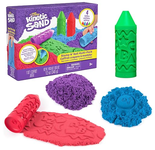 Kinetic Sand, set de ceras Stamp N' Roll con 340 g de arena morada, verde, azul y roja, juguetes para niños pequeños, juguetes de manualidades para niños y niñas a partir de 3 años