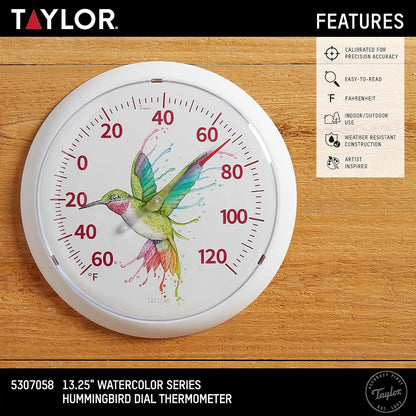 Taylor Watercolor Series - Termómetro de esfera de colibrí arcoíris para interiores y exteriores, decoración del hogar para patio, piscina o cochera, 13.3 pulgadas, bisel blanco