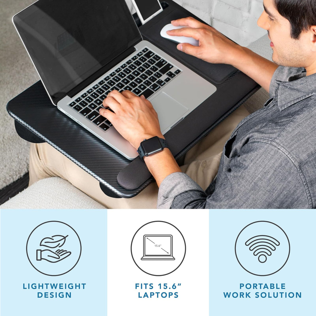 LapGear Home Office Pro - computadora de regazo con reposamuñecas, alfombrilla para mouse y soporte para teléfono, color carbón negro, se adapta a portátiles de hasta 15.6 pulgadas, estilo n.º 91598