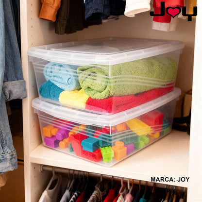 J Y Joy - Caja de Almacenamiento 21 litros, Pack de 2, para Organizar Armario, Juguetes, Ropa, con Cierre Click! y Agarraderas Reforzadas, Plástico Libre de BPA, Transparente