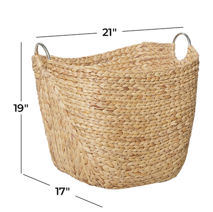 Deco 79 Seagrass Handmade Large Woven Storage Basket with Ring Metal Handles, 21" x 17" x 19", Brown