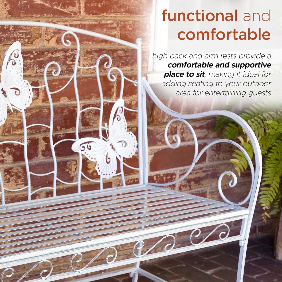 Alpine Corporation 43" L Indoor/Outdoor 2-Person Metal Garden Bench with Butterfly Backrest, White